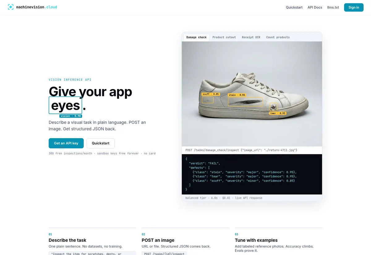 machinevision.cloud homepage preview